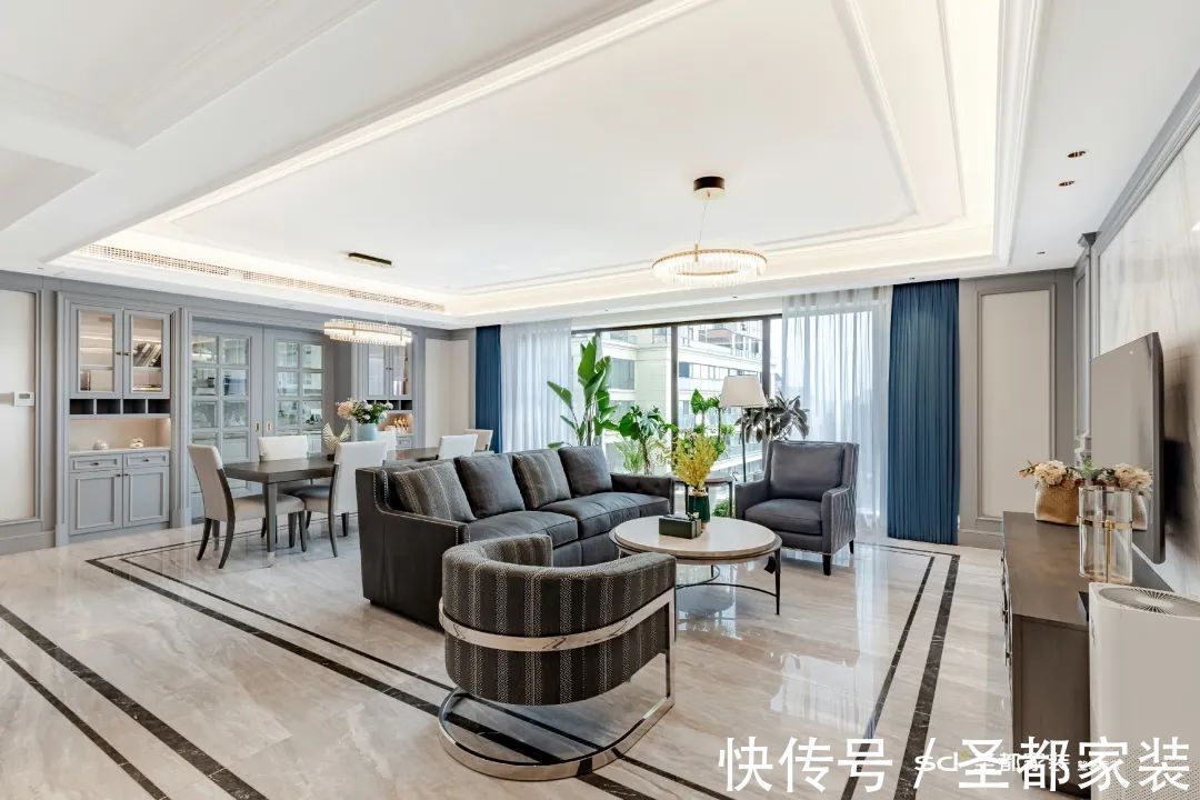 家居|206㎡大户型装修案例:超大横厅+衣帽间+景观阳台,神仙配色 心动