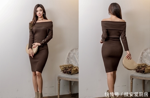 棕色针织包臀连衣裙,性感中蕴含着淑女的气质,真是美丽的裙子