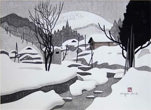 版画!日本近代版画大师斋藤清冬日雪景系列版画作品
