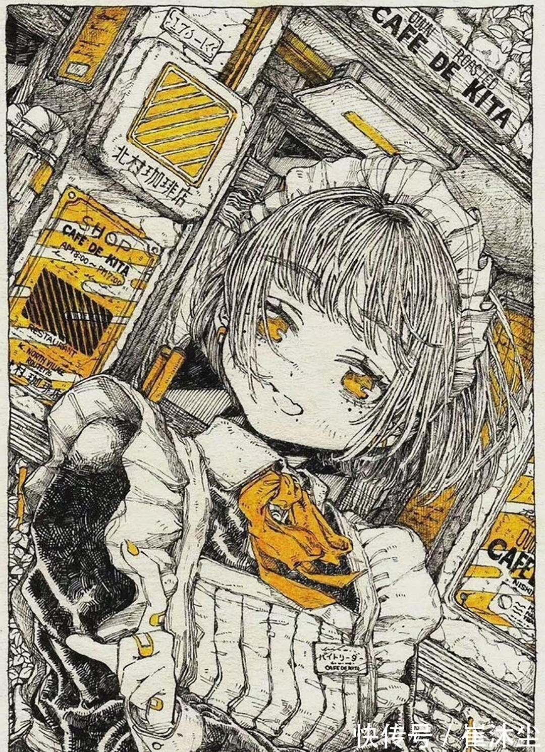 少女插画#线条感极强的少女插画,加一点黄色点缀非常的好看