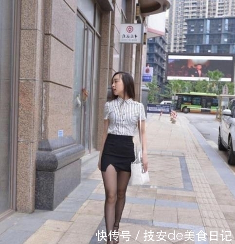 街拍上班族小姐姐穿上黑色高跟凉鞋,和黑丝绝配