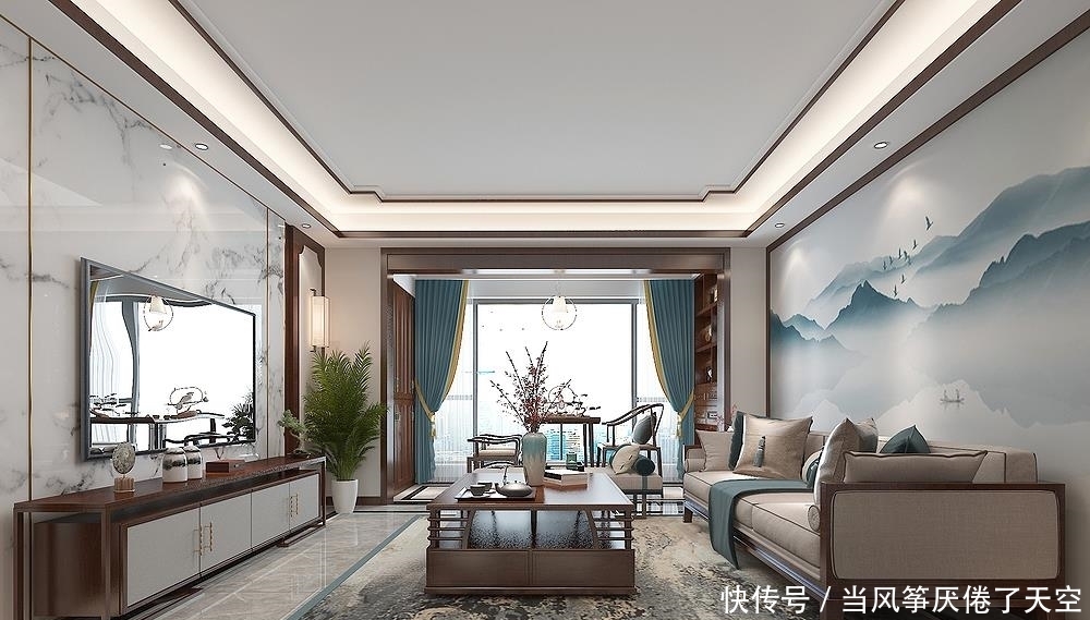 山水画|他家的中式风太好看了，入户玄关的圆形造型，很有中式意韵和品味