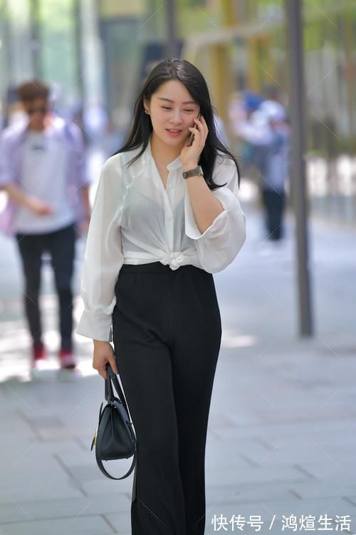 阔腿裤|白色雪纺衬衣,配上黑色高腰阔腿裤,就像一副水墨画
