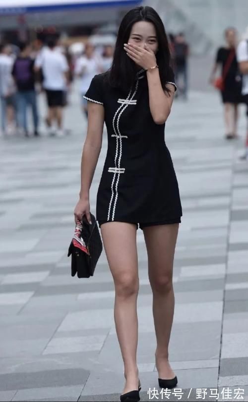 旗袍款|黑色旗袍款上衣,搭配同色短款裤装,穿出时髦少女感