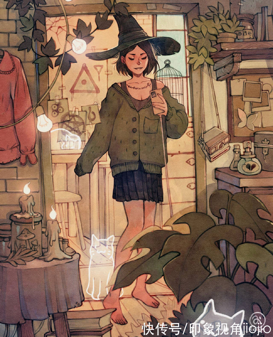 日常插画#复古风的女巫日常插画作品,猫咪灵魂陪伴设定太有爱了