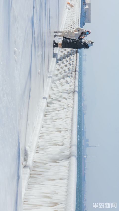 青岛金茂湾附近海边冰挂成景 宛如童话