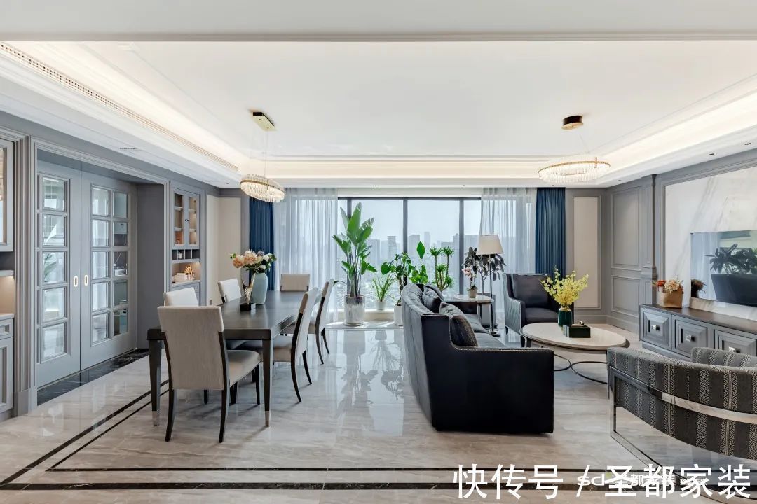 m206㎡大户型装修案例：超大横厅+衣帽间+景观阳台，神仙配色 心动