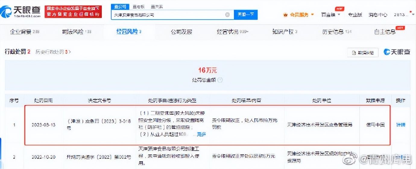 违反安全生产法！康师傅旗下天津顶津食品有限公司被罚10万