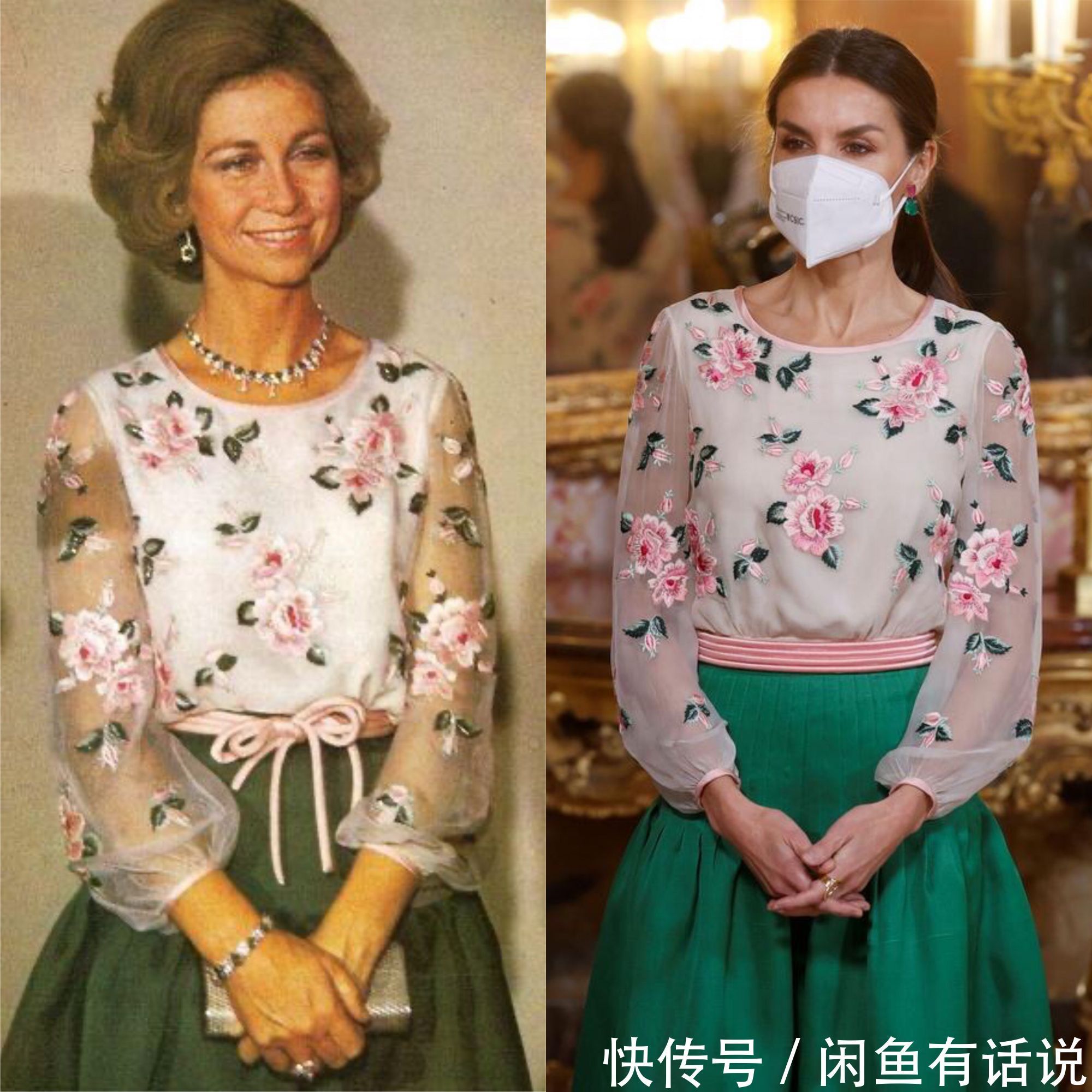 旧衣 西班牙王后真节俭,穿婆婆27年前定制款旧衣,一身粉配绿依然好美