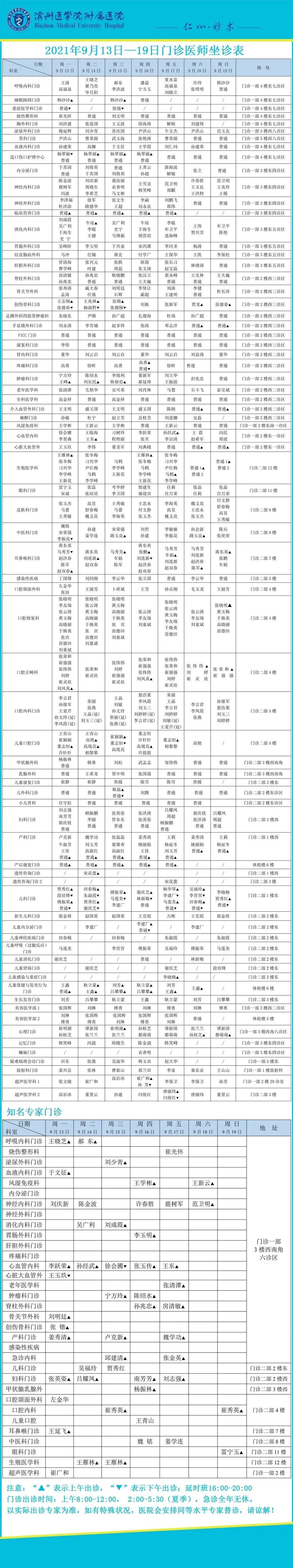 门诊|滨医附院2021年9月13日—19日门诊医师坐诊表！