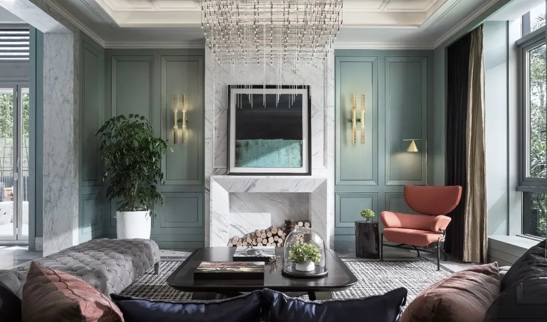 布置|900㎡现代轻奢,蓝绿色墙面+端庄软装,诗意档次!豪宅有人看吗?