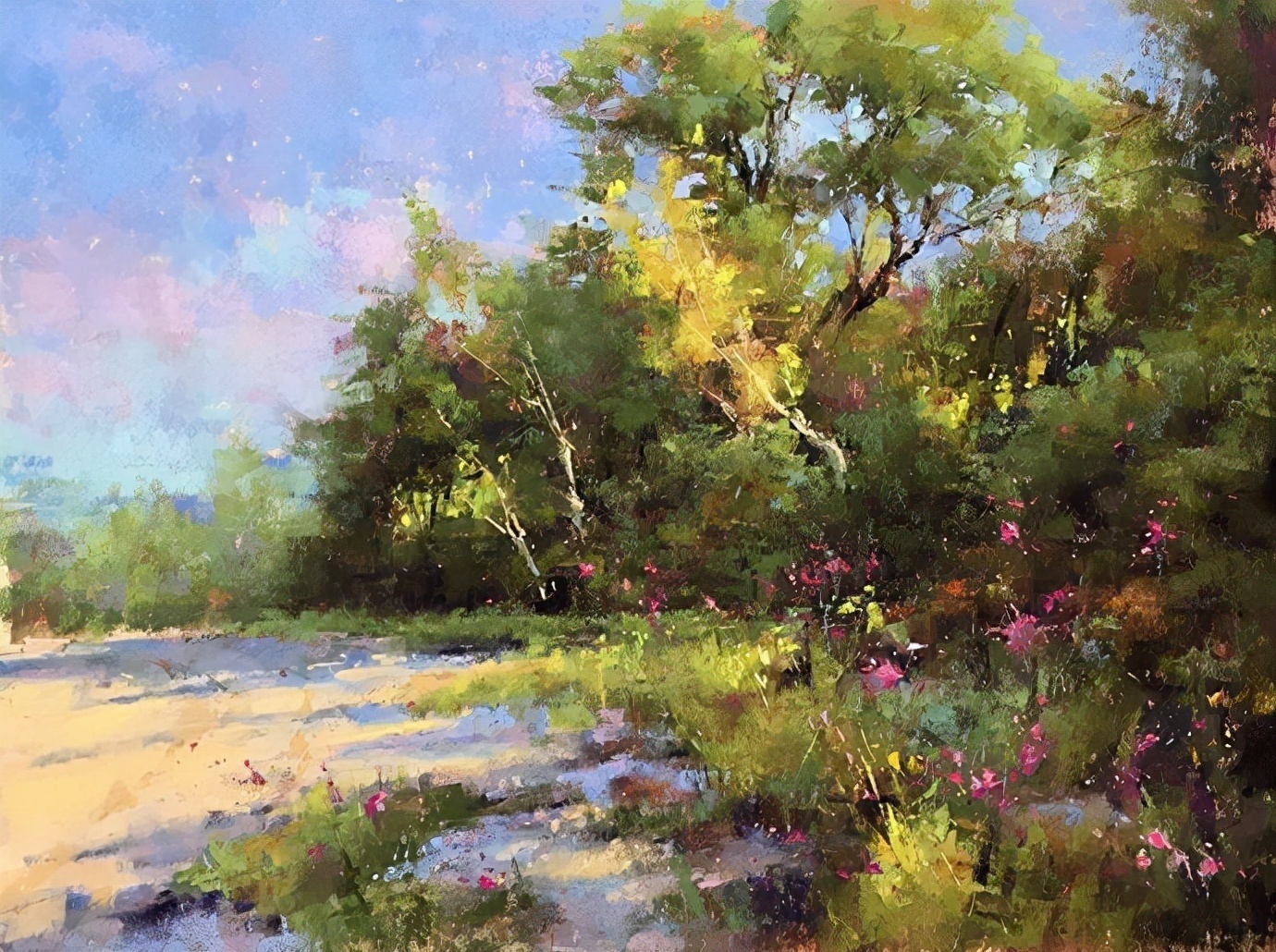 美国#美国艺术家阿奎尔柔和的风景油画,画里充满了阳光温馨美好