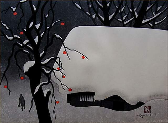 版画!日本近代版画大师斋藤清冬日雪景系列版画作品