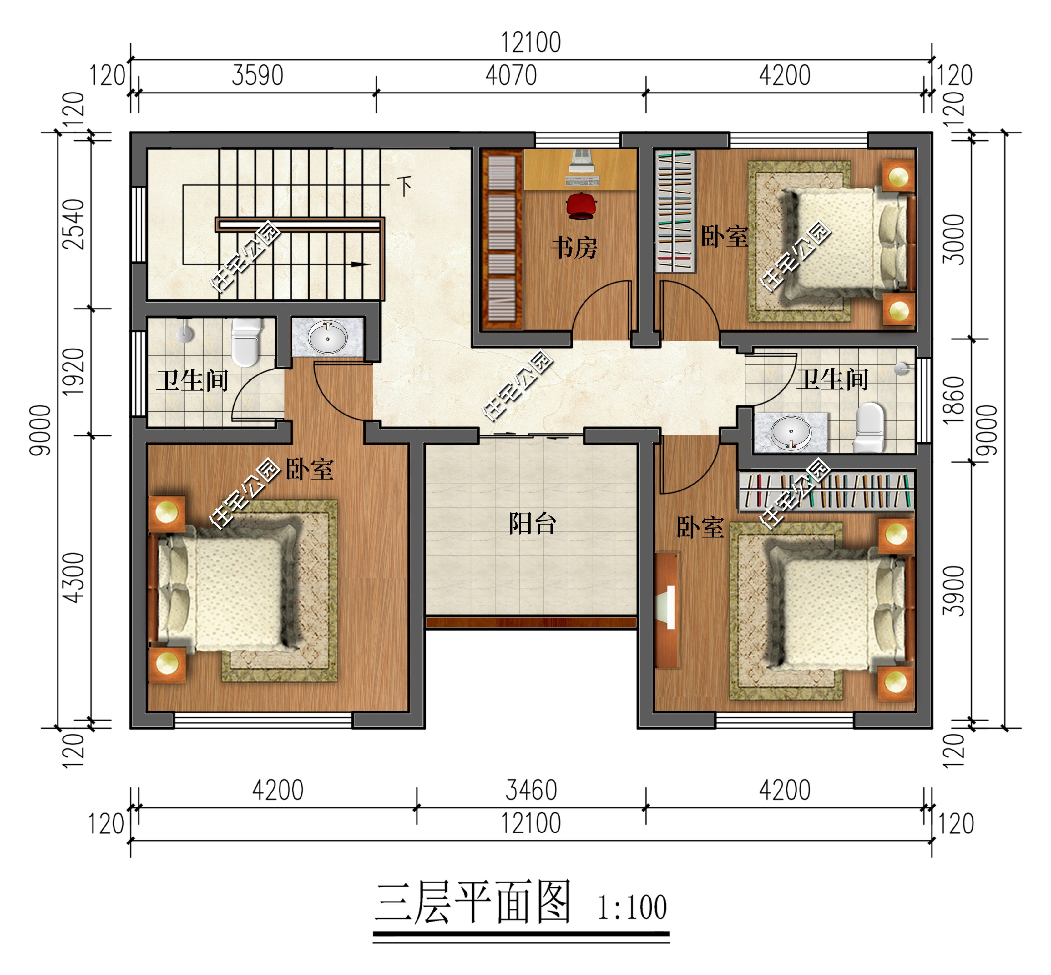 书房|豪华主卧+书房，12×9米三层新中式别墅，占地仅104平