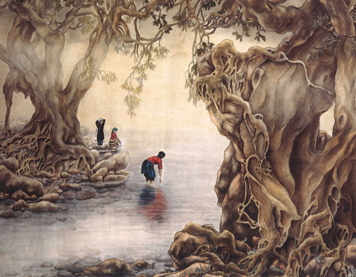 国画$国画《版纳风情》构成了一曲梦幻的南国情调