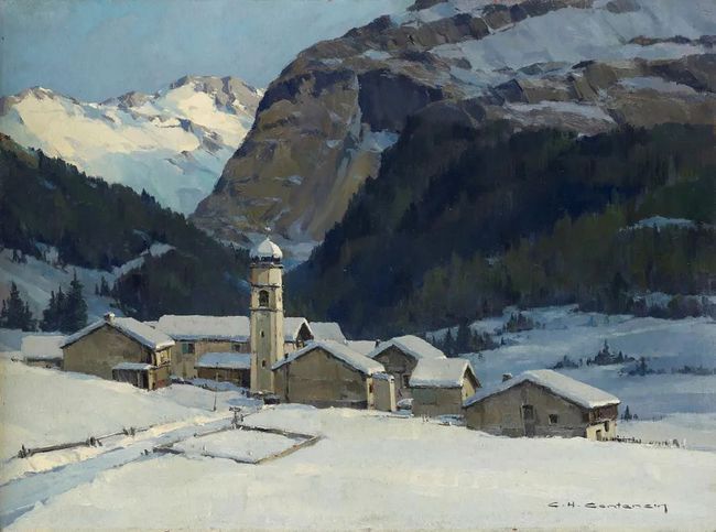 冰雪山脉$查尔斯·亨利·康坦辛(Charles Contencin)冰雪山脉风景绘画