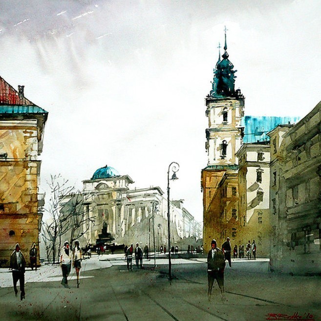 水彩画@波兰水彩画家拉法尔的街市景观画,耐看!