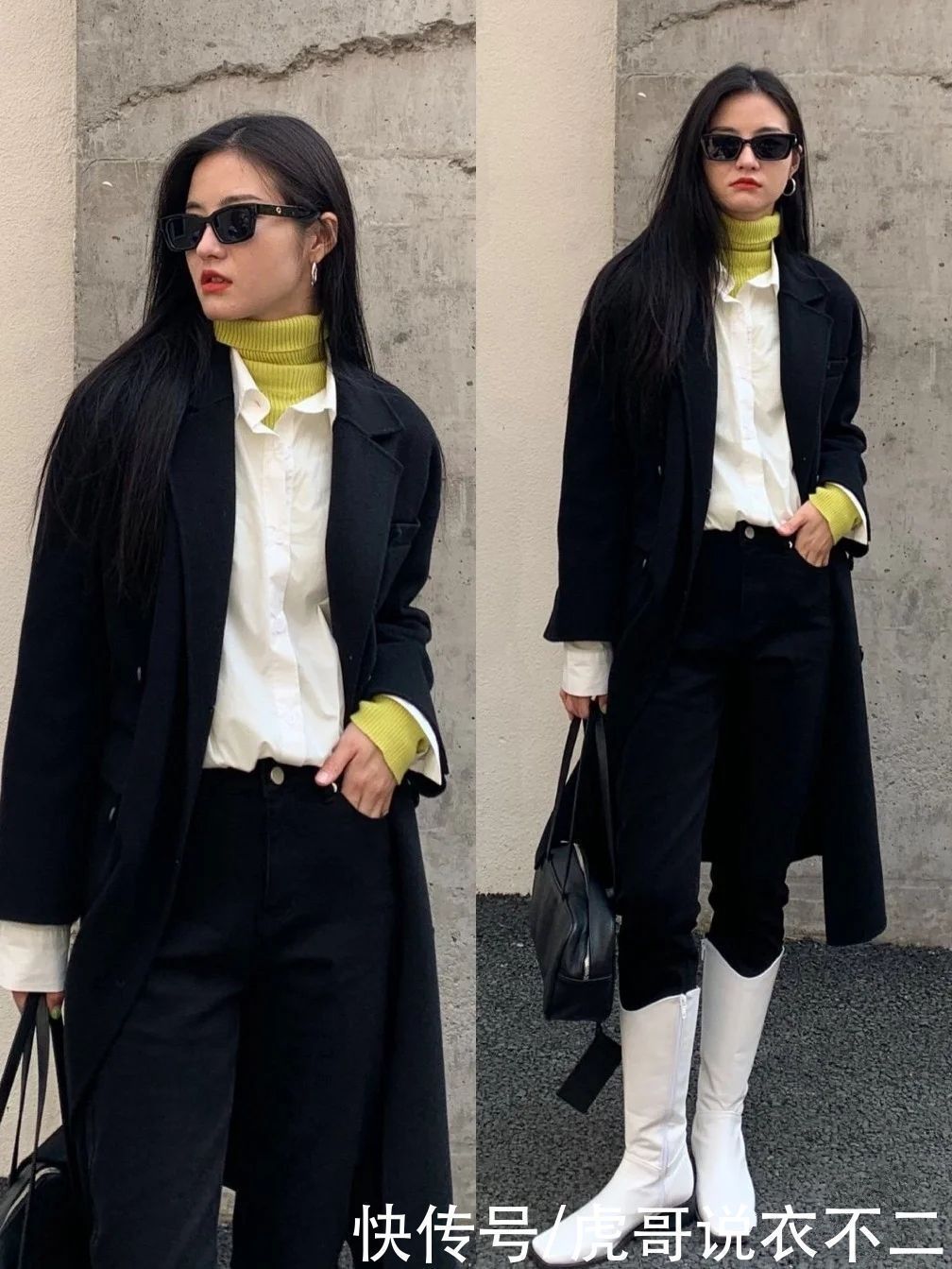 博主 大衣在配不在多,学韩国博主一衣多穿,一件黑大衣一周穿搭不重复