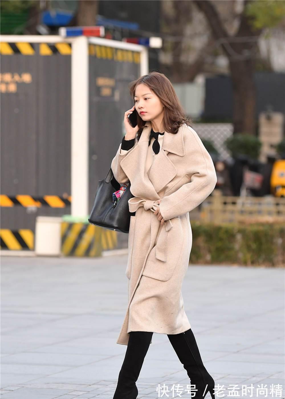 大衣|米色搭配, 搭配细高跟过膝长靴, 秋冬季节的搭配也很简单