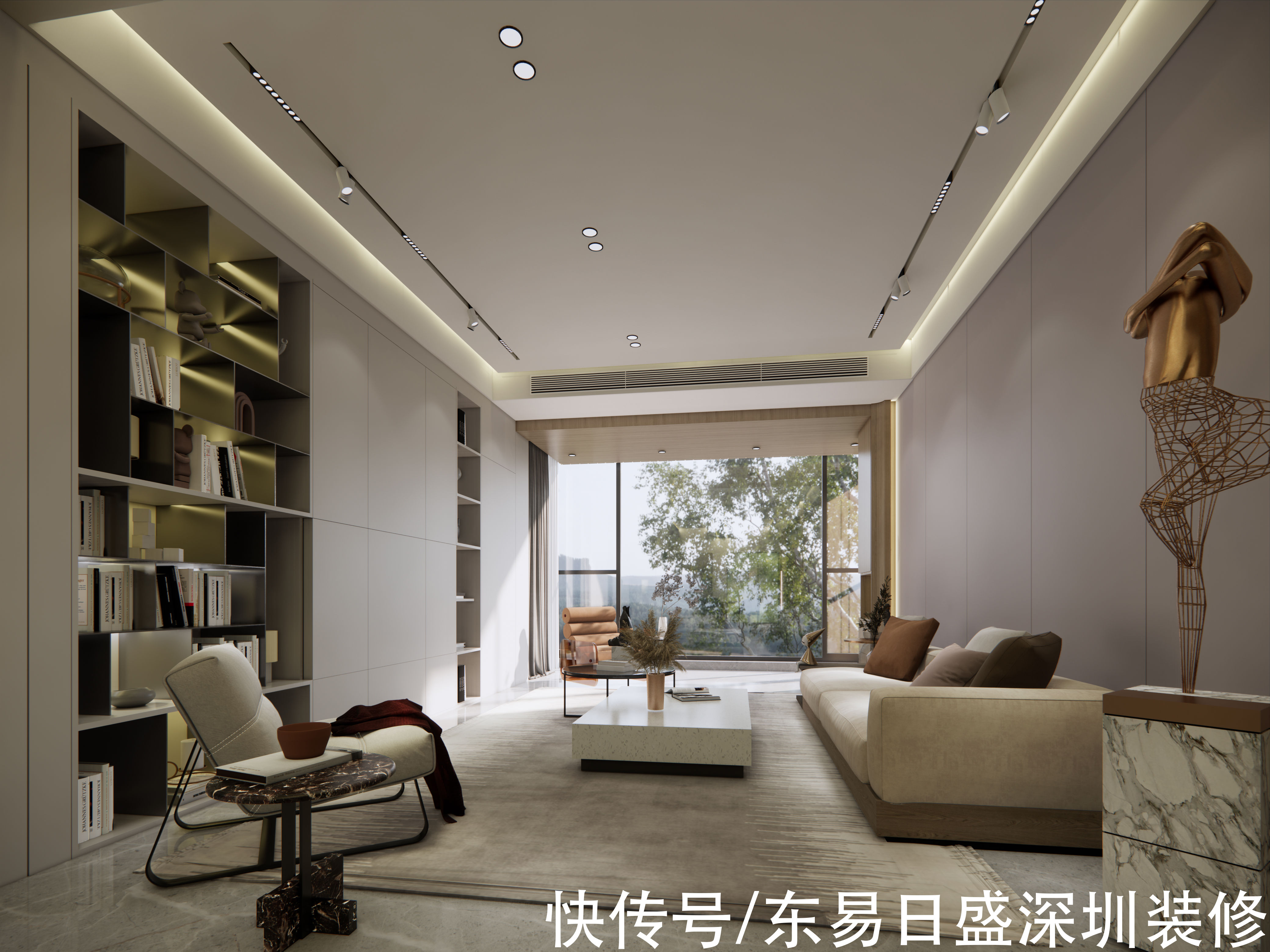 装修|深圳装修：110㎡自建房现代风，客厅整面书柜，电视藏于移门后