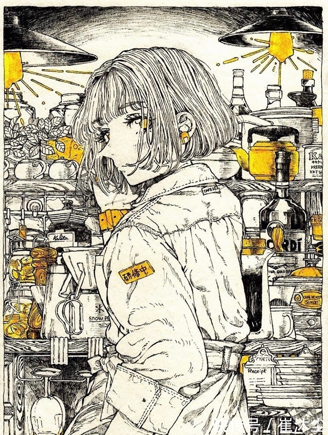 少女插画#线条感极强的少女插画，加一点黄色点缀非常的好看