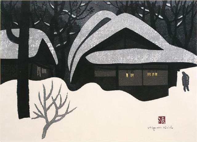 版画!日本近代版画大师斋藤清冬日雪景系列版画作品