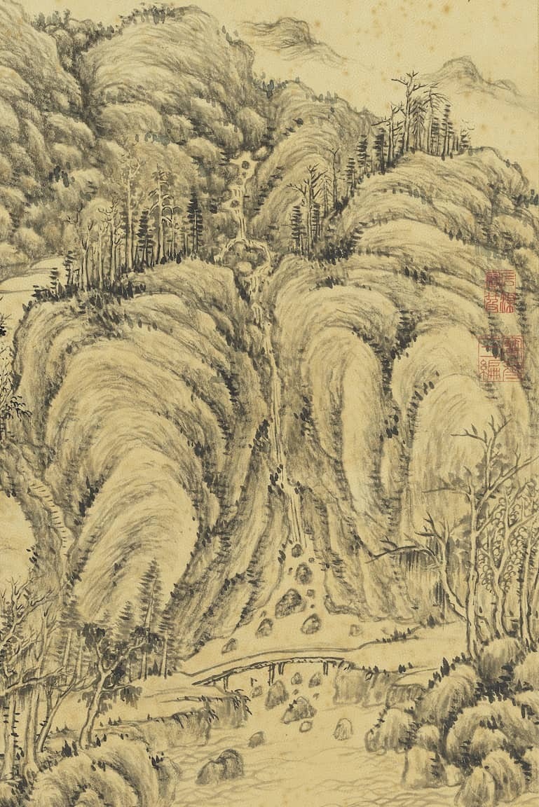 巨然@『名画记』董邦达《秋山萧寺轴》，毫素生辉，深得古人之法