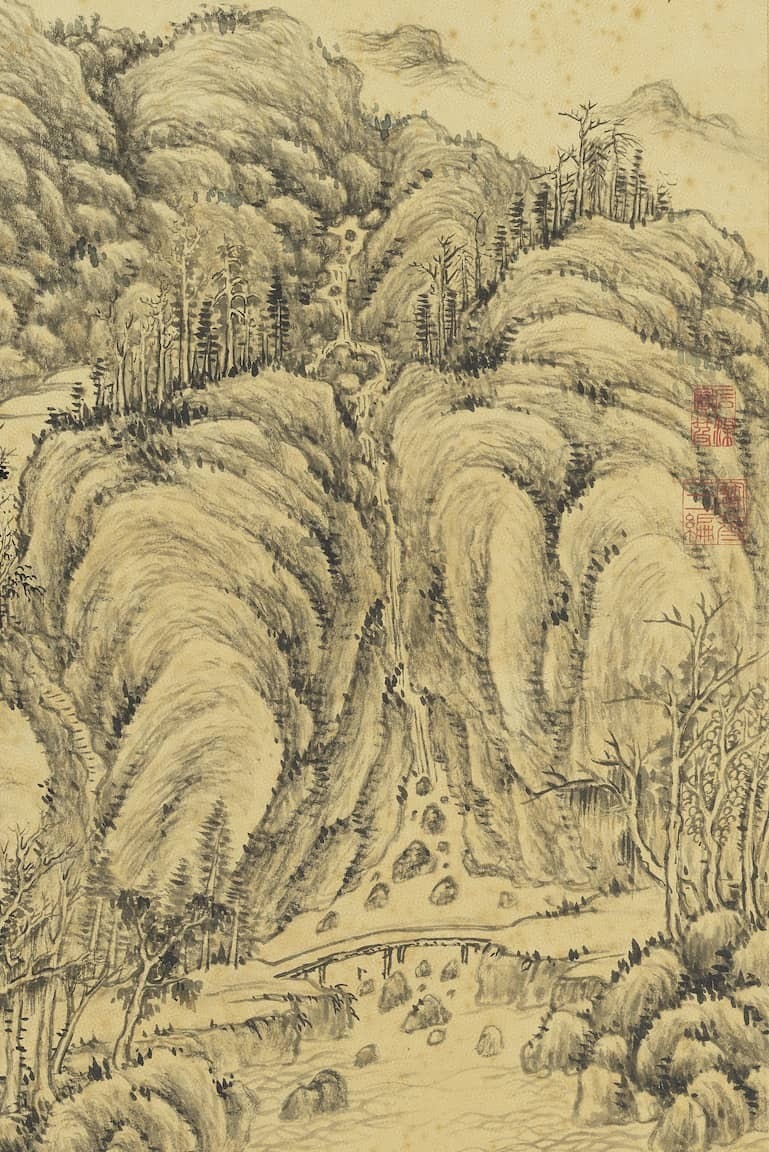 巨然@『名画记』董邦达《秋山萧寺轴》,毫素生辉,深得古人之法
