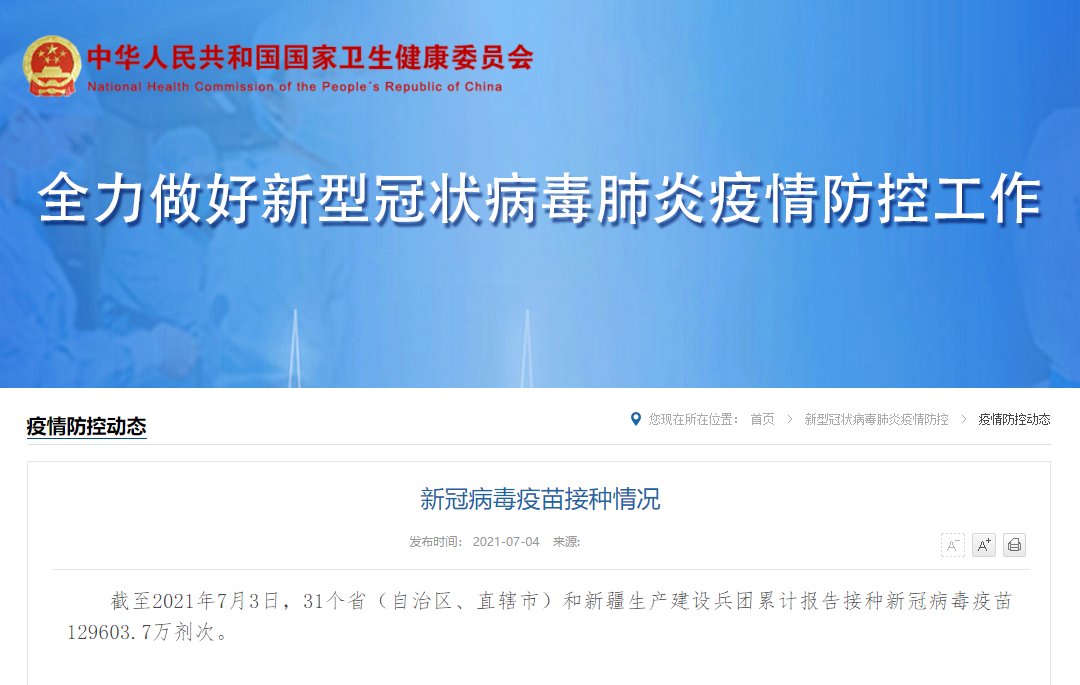 报告|国家卫健委:全国累计报告接种新冠病毒疫苗129603.7万剂次