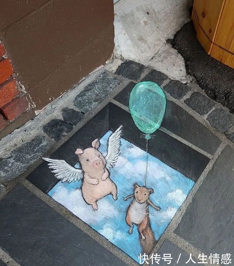 幸福的生活#可可爱爱的3D粉笔画,让无聊的街头变得妙趣横生,把路人都萌翻了