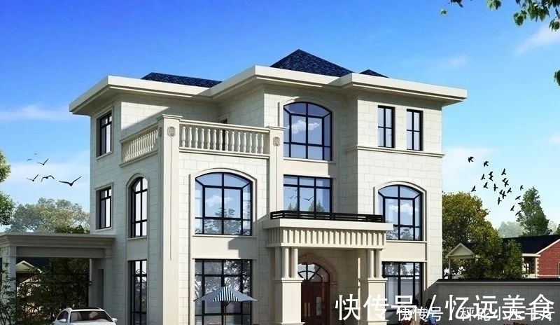 阳台上|农村自建三层别墅，面宽不到13米，挑空客厅外加车库，经典又时尚