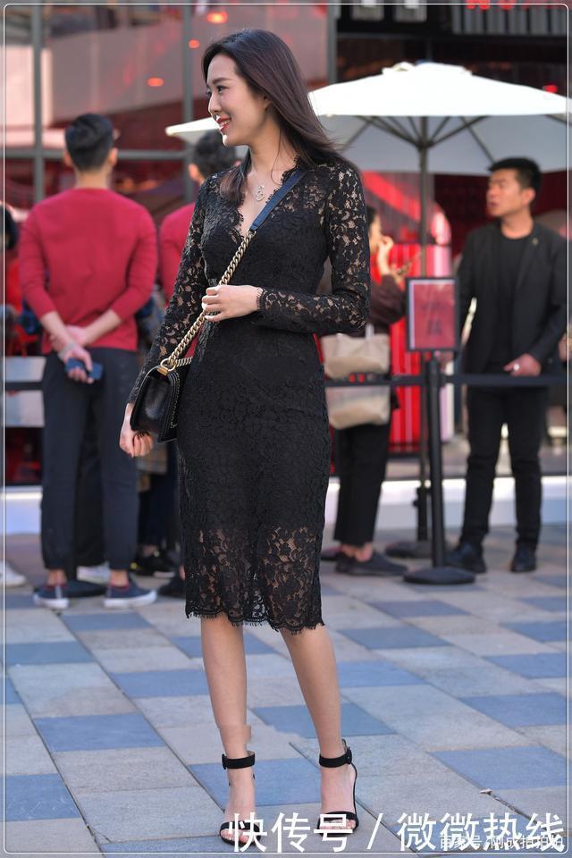 连衣裙|黑色蕾丝连衣裙,V领镂空袖子,优雅有气质