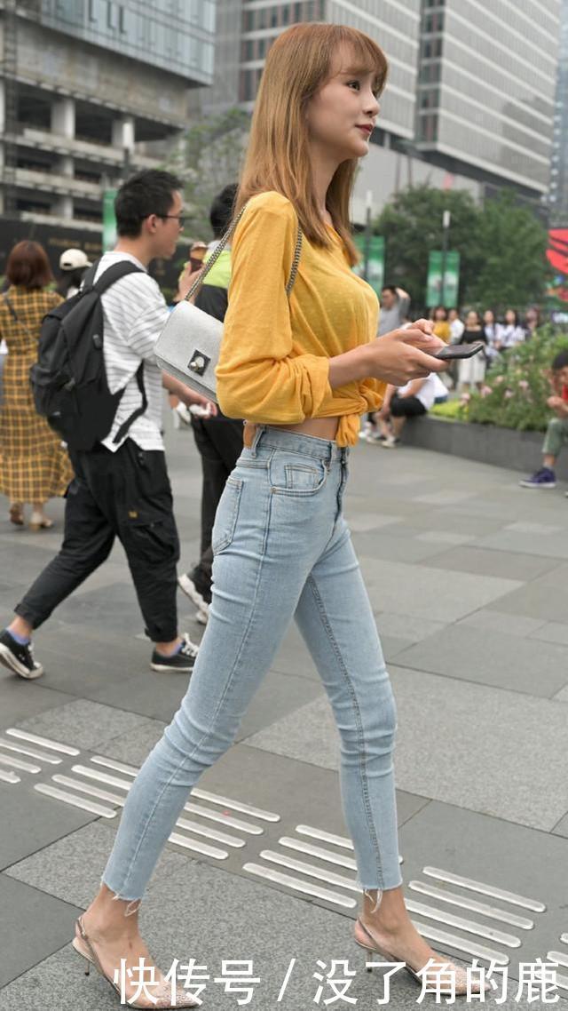 芒果黄雪纺衫配牛仔长裤,高挑优雅,彰显现代女性气质