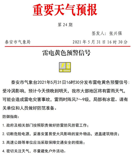 泰安再发黄色预警 雷雨继续刷存在 可能造成雷电灾害 注意防范 全网搜