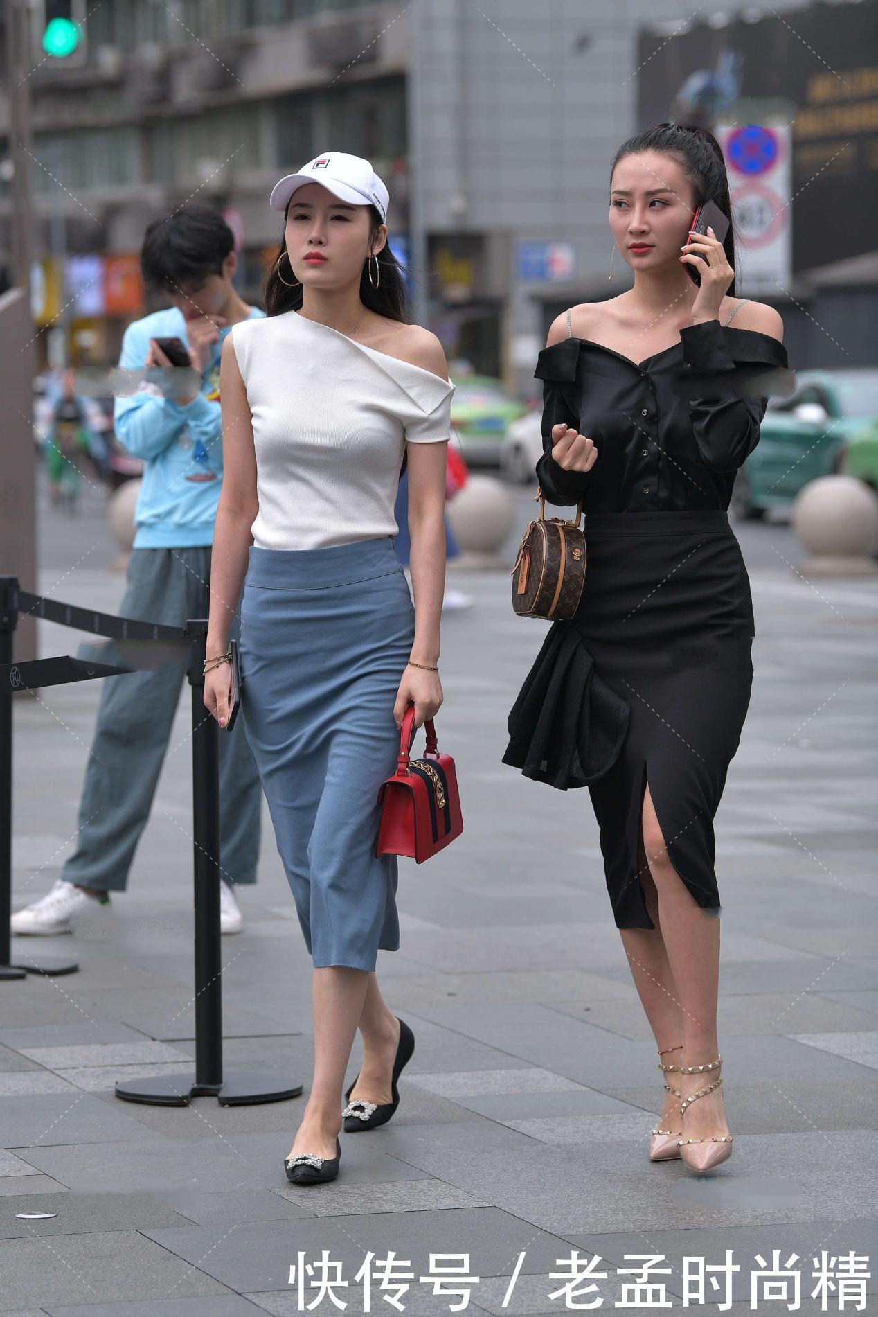 街拍：韩版简约气质短袖, 下搭高腰鱼尾裙, 显瘦显气质