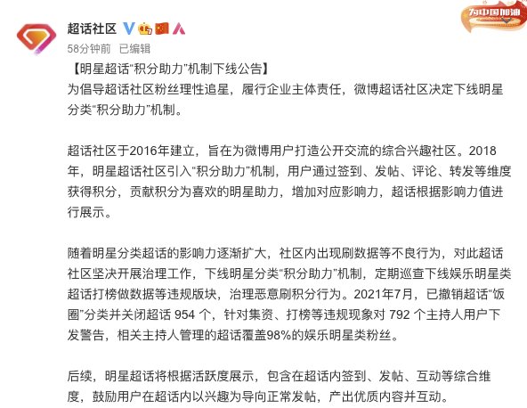 微博超话社区|微博超话社区：下线明星超话“积分助力”机制