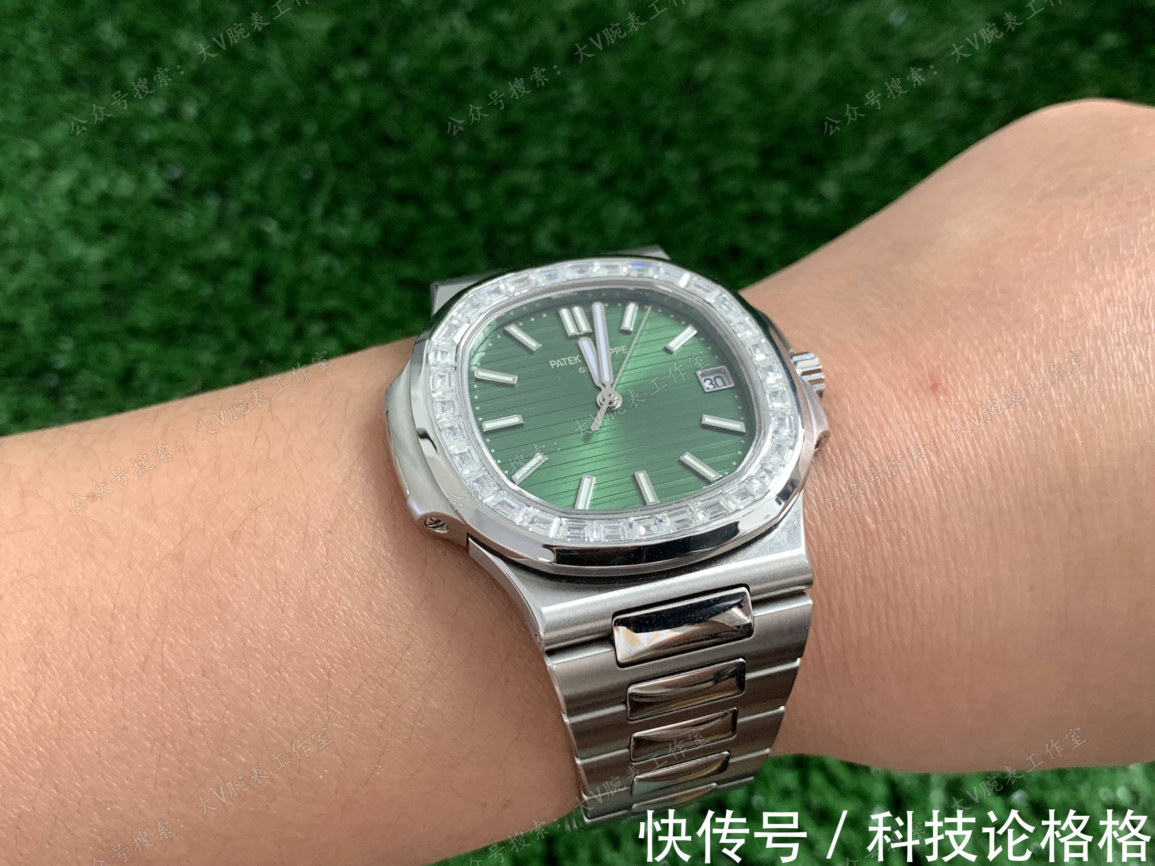 腕表 橄榄绿色盘面鹦鹉螺改装后镶钻圈口,鹦鹉螺5711绿面无损改装后镶钻腕表!