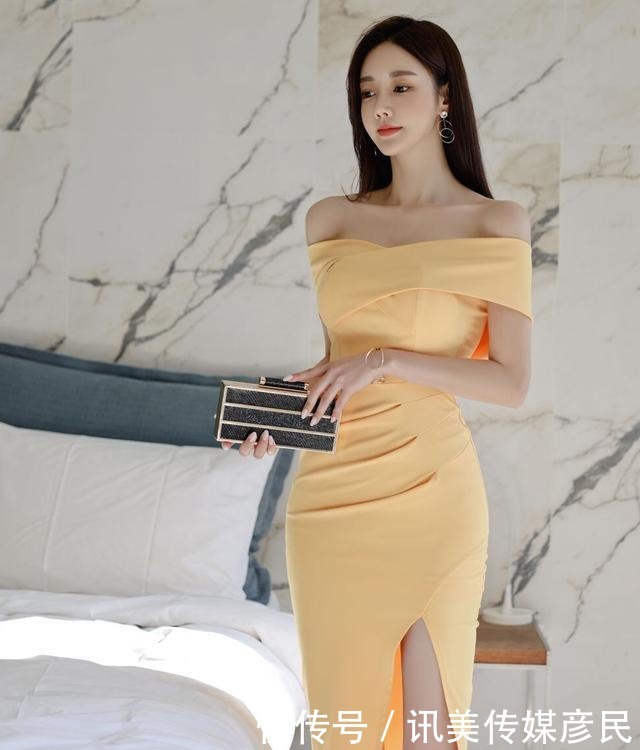 孙允珠时尚穿搭:柠檬浅黄交错搭肩斜纹连衣裙