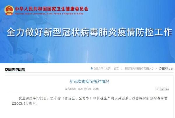 新冠病毒|全国累计报告接种新冠病毒疫苗129603.7万剂次