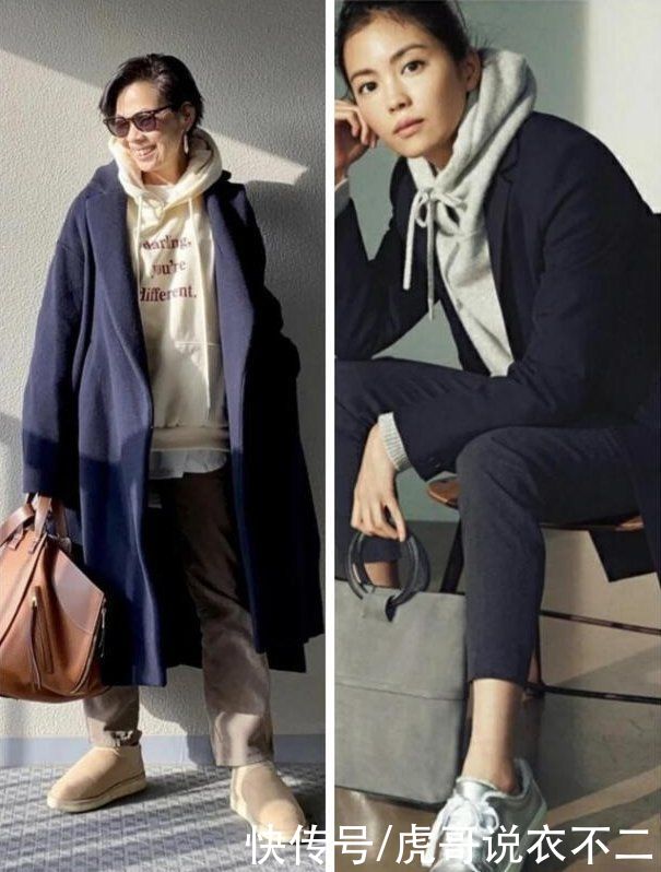 穿大衣别总搭毛衣了，卫衣才是“神仙搭档”，时髦休闲关键不挑人