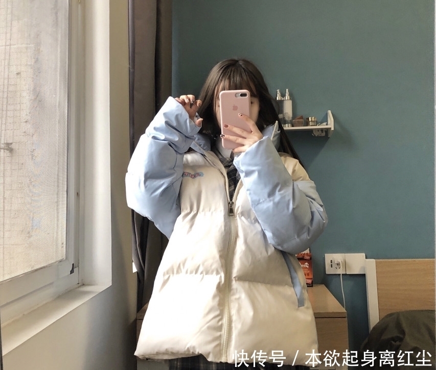 JK冬季穿搭｜可爱蓝白撞色棉服青野