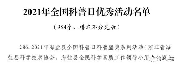 中国科协|优秀！海盐连续5年被中国科协点名表扬