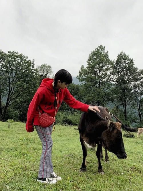 休闲裤|女明星的晒游客照，红色卫衣搭格纹裤显可爱，长长的辫子更显娇俏