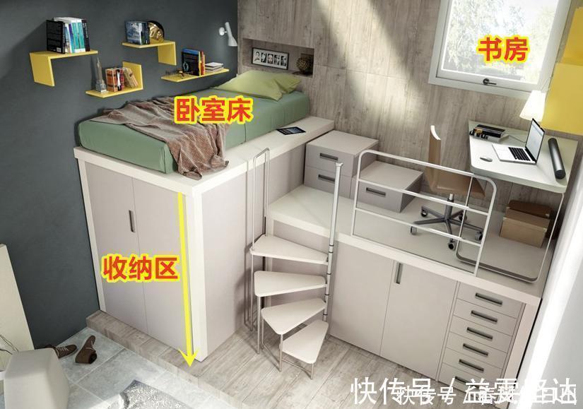 书桌|儿童房不足5㎡,把床抬高1米重叠利用空间,床上书房床下衣帽间