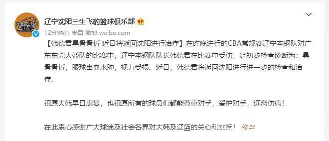 裁判员|停赛7场+罚款20万!辽篮官宣韩德君最新伤情,大韩回应禁赛处罚