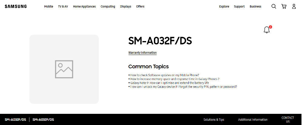 三星 Galaxy A03 手机支持页面上线：预计搭载紫光 SC9863A 芯片