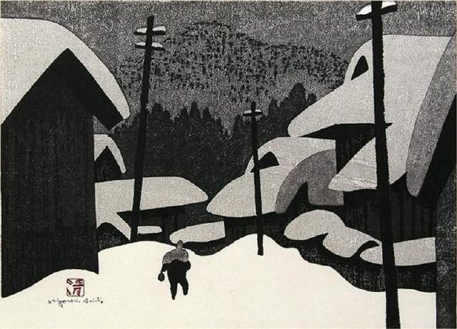 版画!日本近代版画大师斋藤清冬日雪景系列版画作品