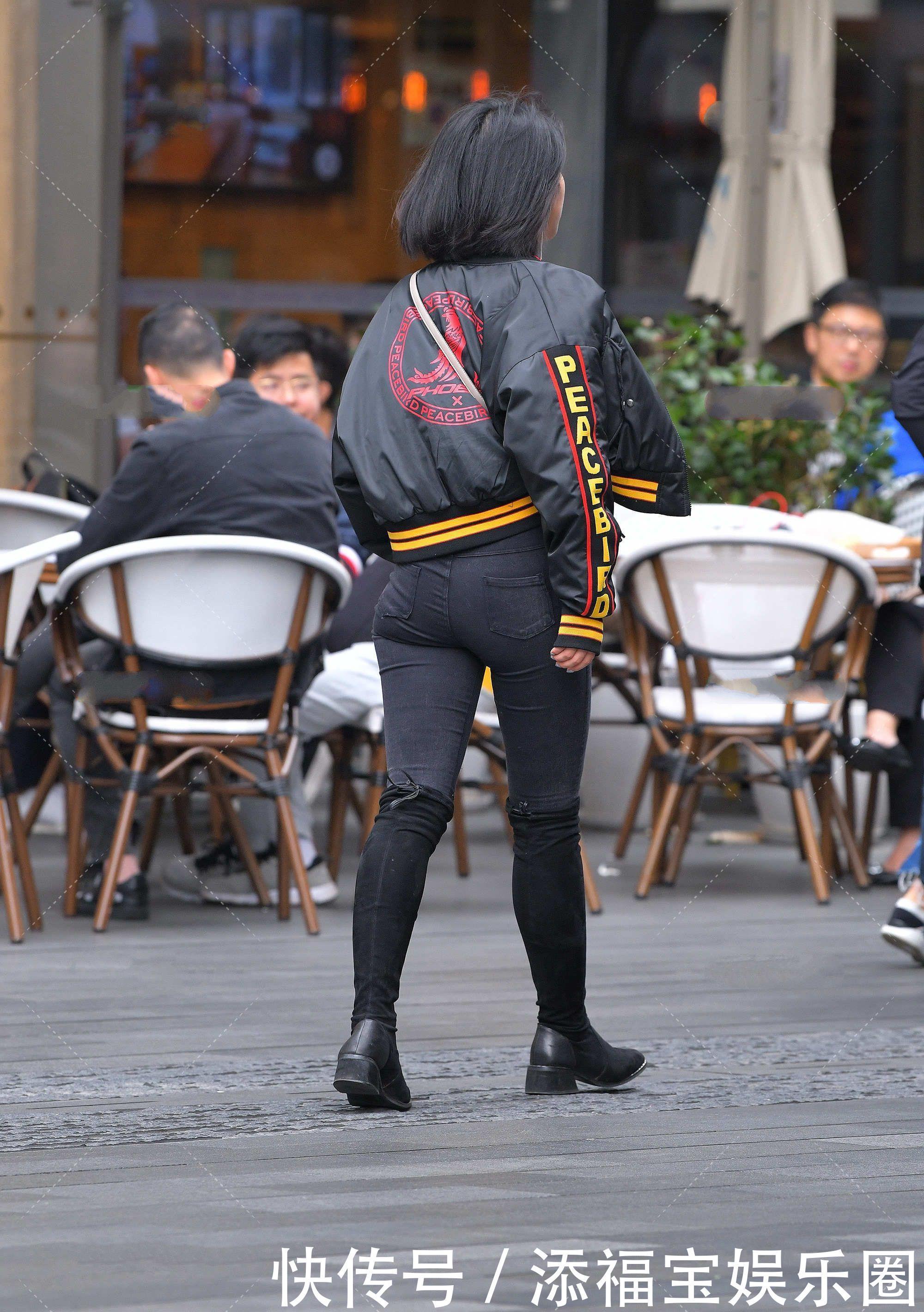 短款夹克衫混搭过膝长筒靴,显腿长