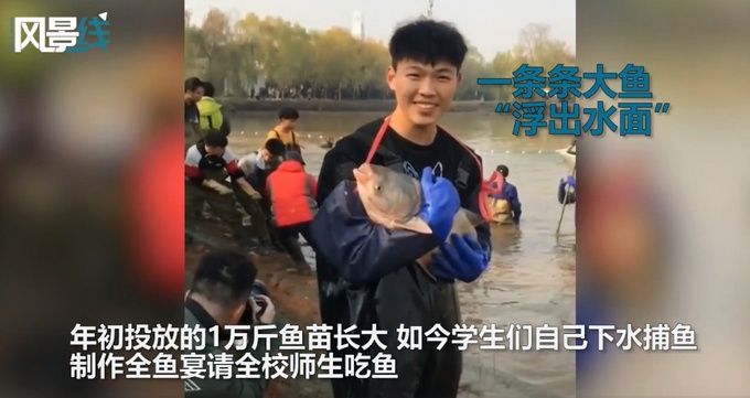 鱼王|湖北一高校请全校师生吃鱼，学生亲自动手现场捕鱼，“鱼王”出水画面壮观