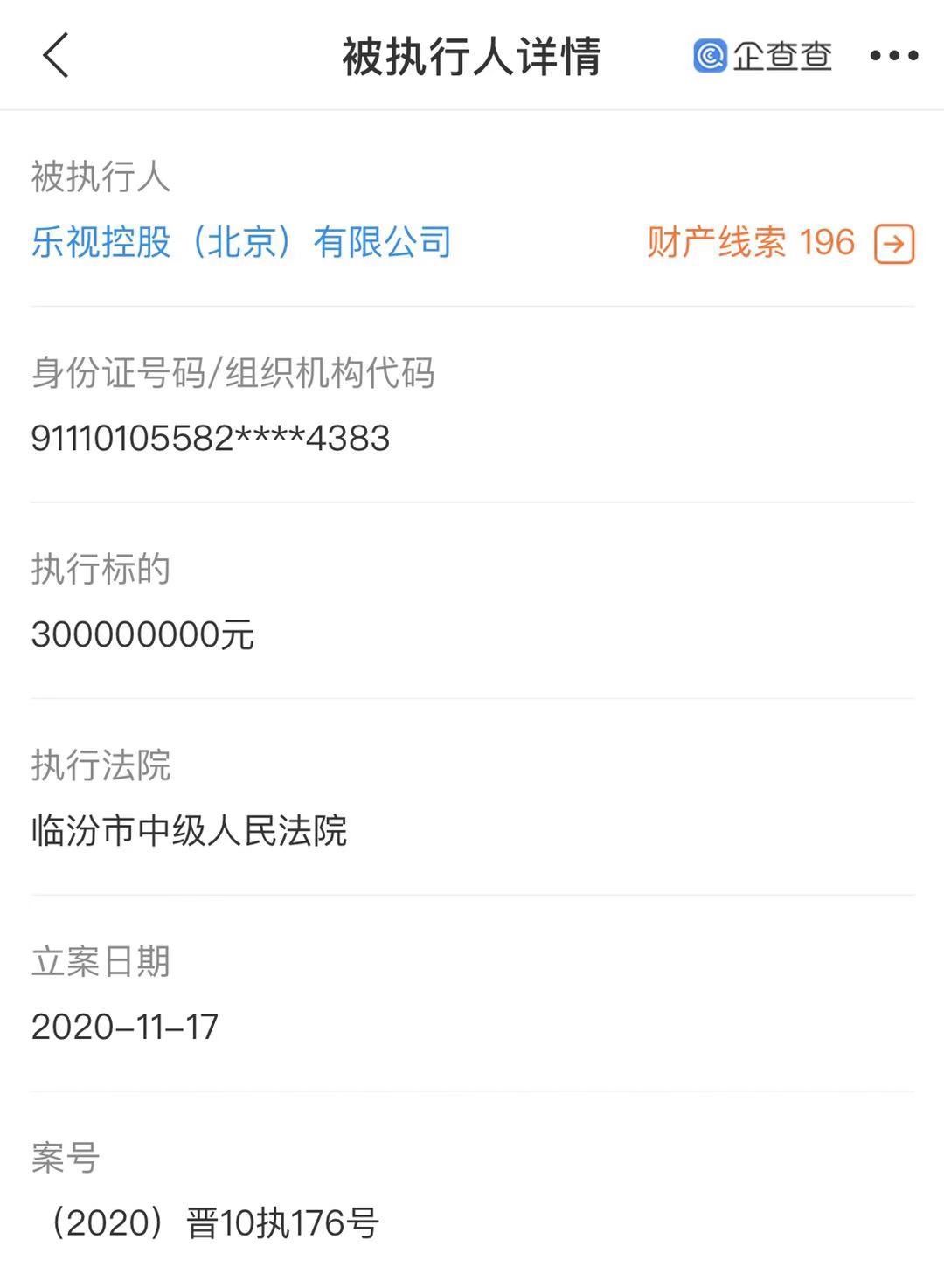 被执行人|乐视控股再成被执行人，执行标的3亿元